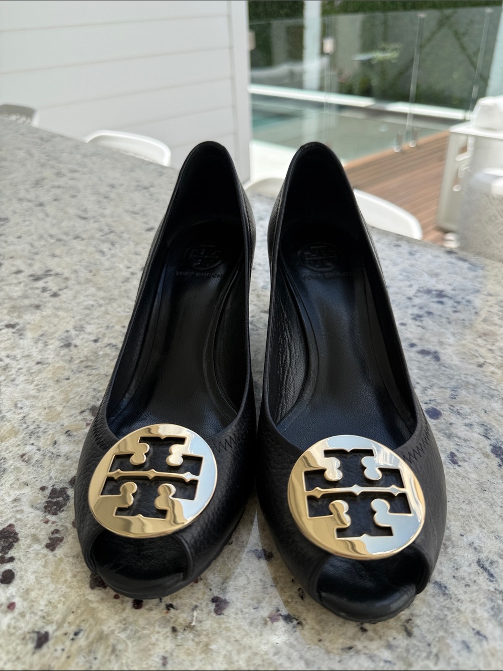 Tory Burch Black Leather Peep-Toe Heels with Gold Logo